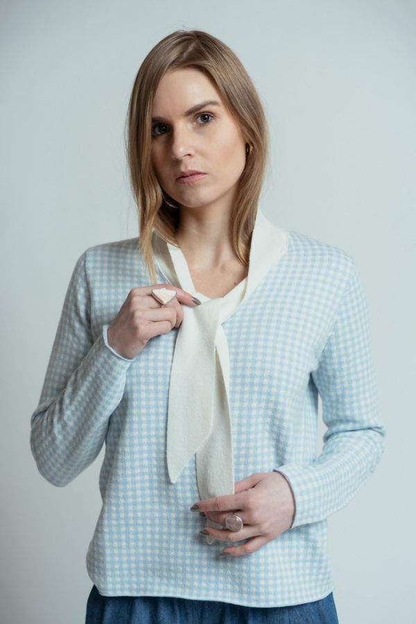 Allude Wool Cashmere Tie Sweater - Blue Check