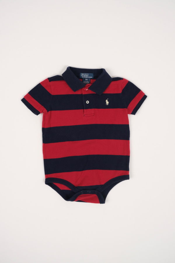 KIDS Hermine Vintage Cherry Polo Ralph Lauren Striped Polo Bodysuit - Red