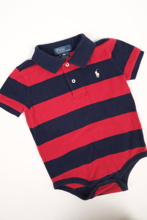 KIDS Hermine Vintage Cherry Polo Ralph Lauren Striped Polo Bodysuit - Red