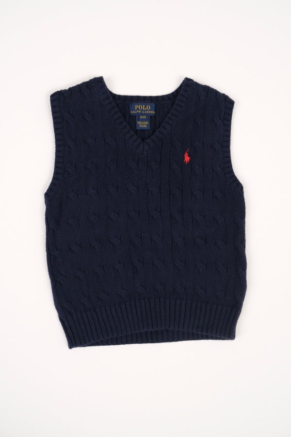 KIDS Hermine Vintage Toddler Polo Ralph Lauren Cotton Cable Knit Sweater Vest - Navy