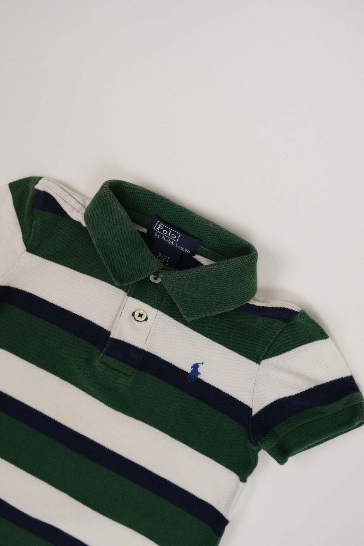KIDS Hermine Vintage Toddlers Evergreen Polo Ralph Lauren Cotton Striped Polo Shirt - Green - Image 3 of 4