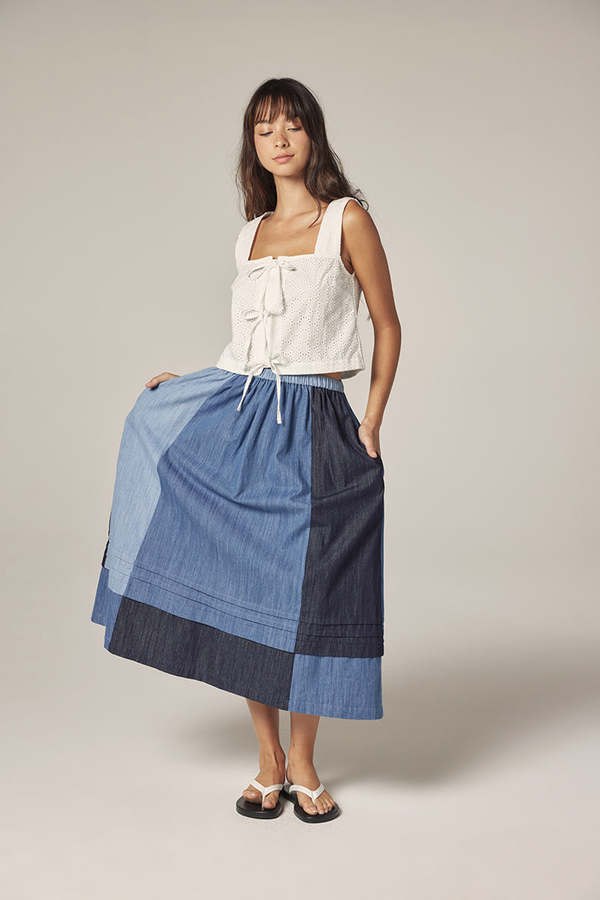 amente Contrast Midi Skirt - Denim Multi