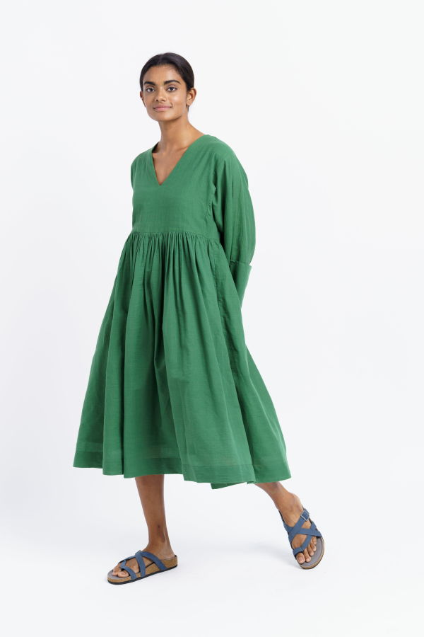 World Of Crow Gathered Midi Dress - Basil Green