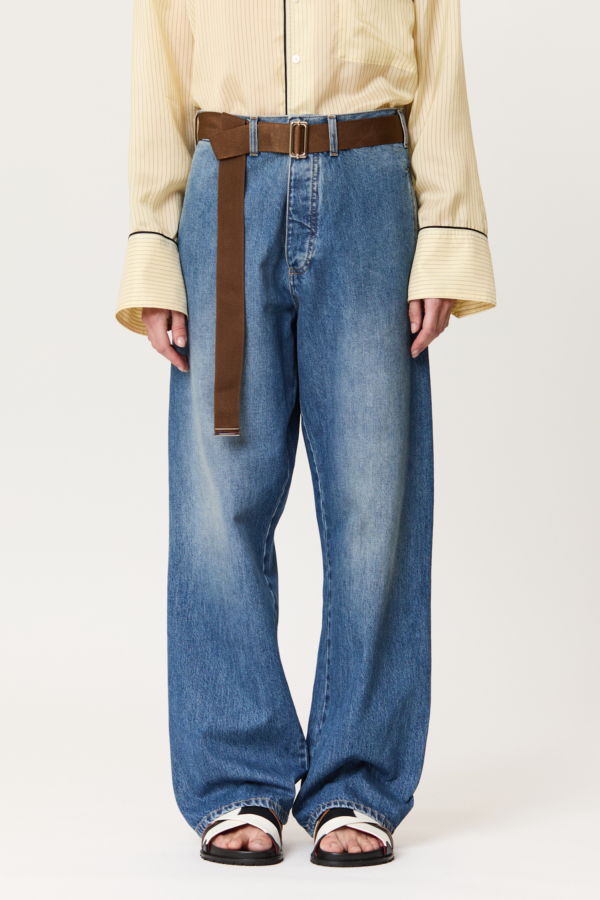 Plan C Denim Trouser With Brown Belt - Indigo