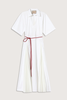 Plan C Pleated Poplin Dress With Red Belt - Optical White - Thumbnail 1