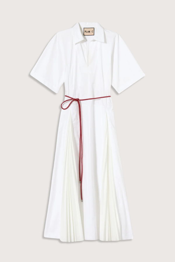 Plan C Pleated Poplin Dress With Red Belt - Optical White