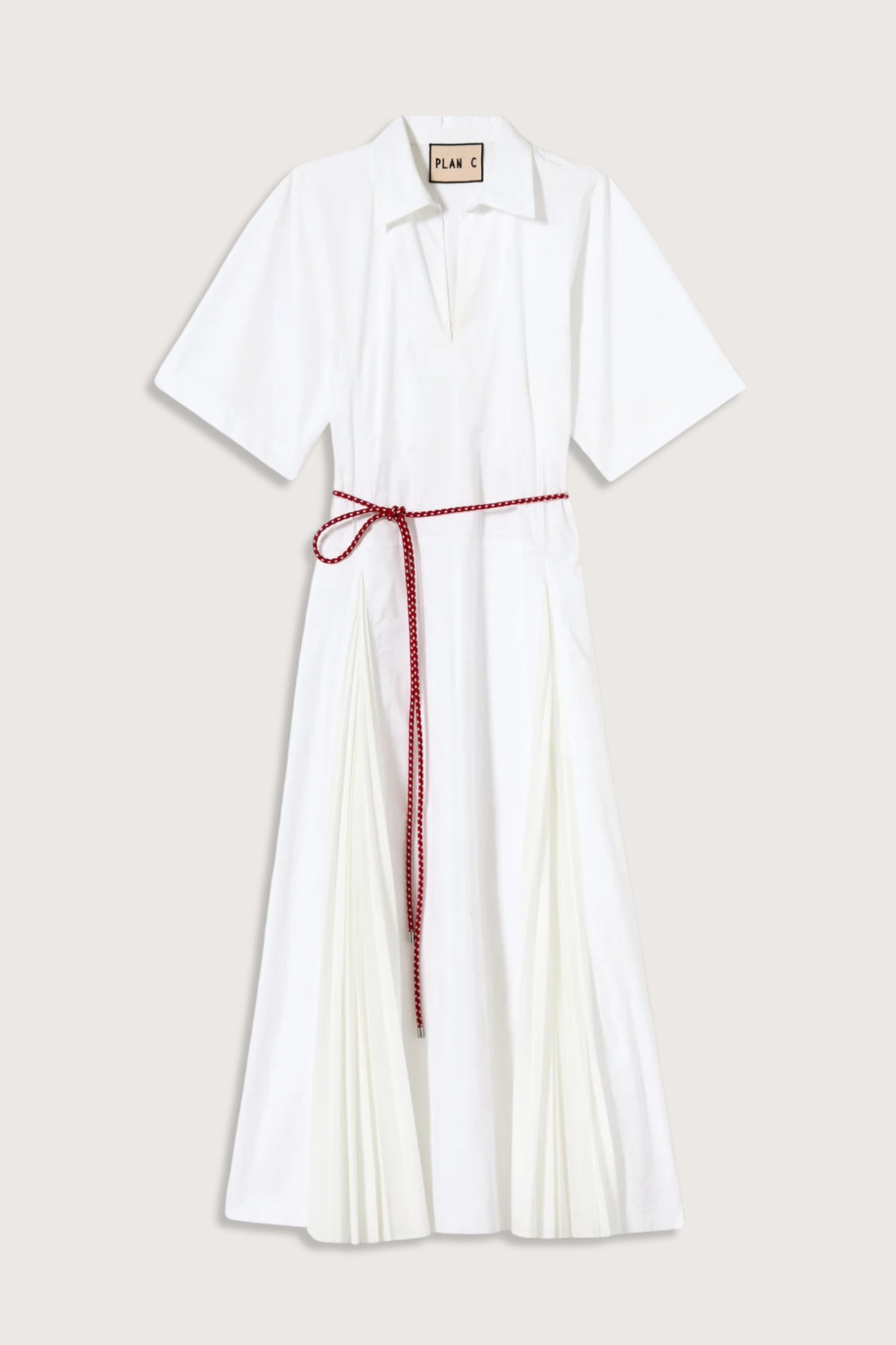 Plan C Pleated Poplin Dress With Red Belt - Optical White - Image 1 of 4