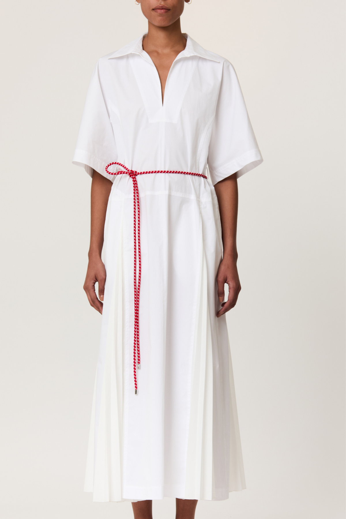 Plan C Pleated Poplin Dress With Red Belt - Optical White - Image 2 of 4