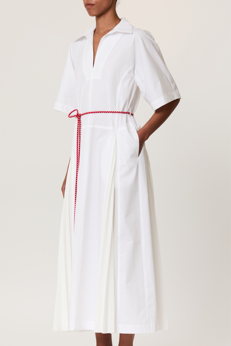 Plan C Pleated Poplin Dress With Red Belt - Optical White