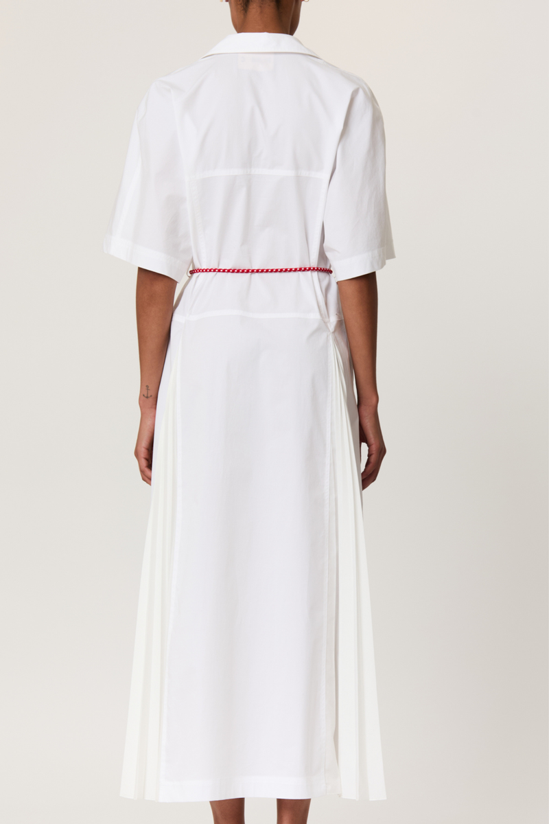 Plan C Pleated Poplin Dress With Red Belt - Optical White
