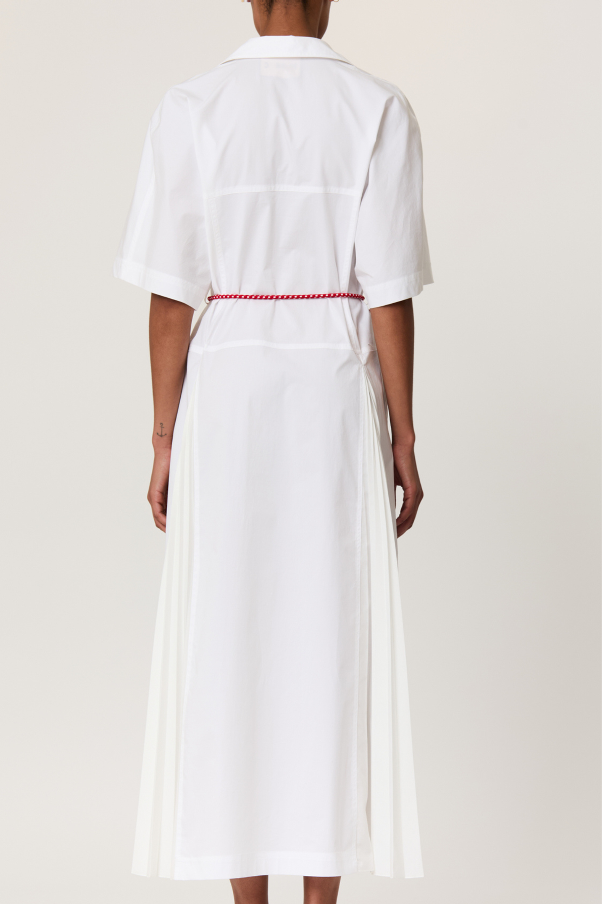 Plan C Pleated Poplin Dress With Red Belt - Optical White - Image 4 of 4