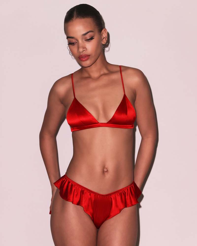 fleur du mal Silk Satin Triangle Bra - Rouge