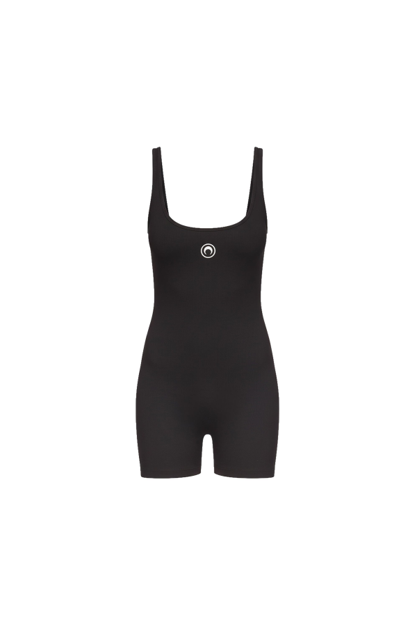 MARINE SERRE Moon Logo Ribbed Jersey Short Catsuit Bodysuit - Black