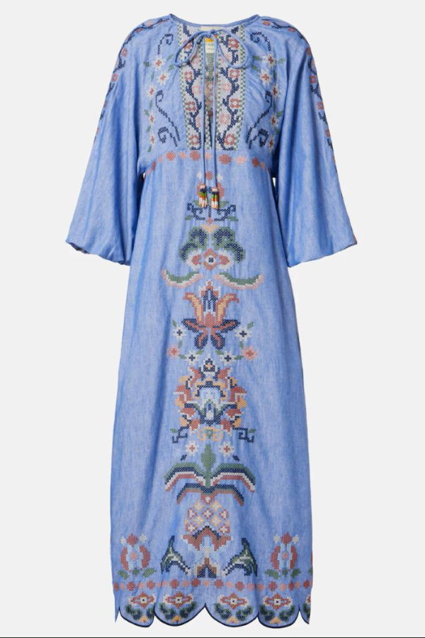 Farm Rio Garden Tapestry Embroidered Long Sleeve Midi Dress