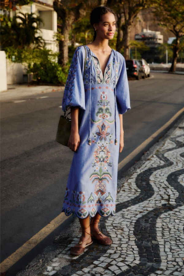 Farm Rio Garden Tapestry Embroidered Long Sleeve Midi Dress