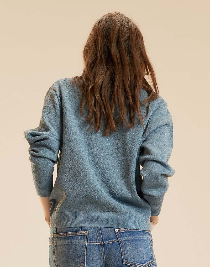 Cynthia Rowley Metallic Knit Crewneck Sweater - Blue