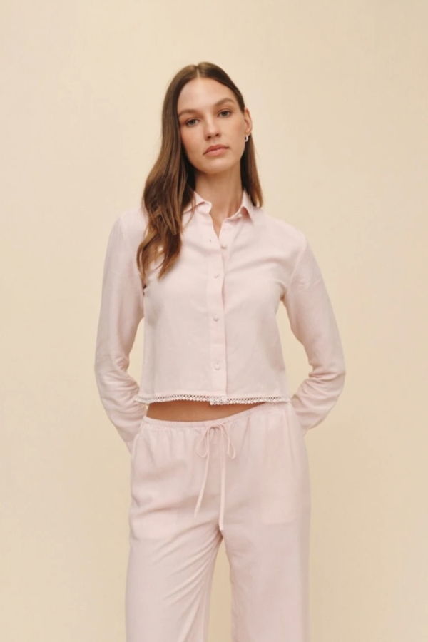 Bella Dahl Long Sleeve Crop Shirt With Trim Top