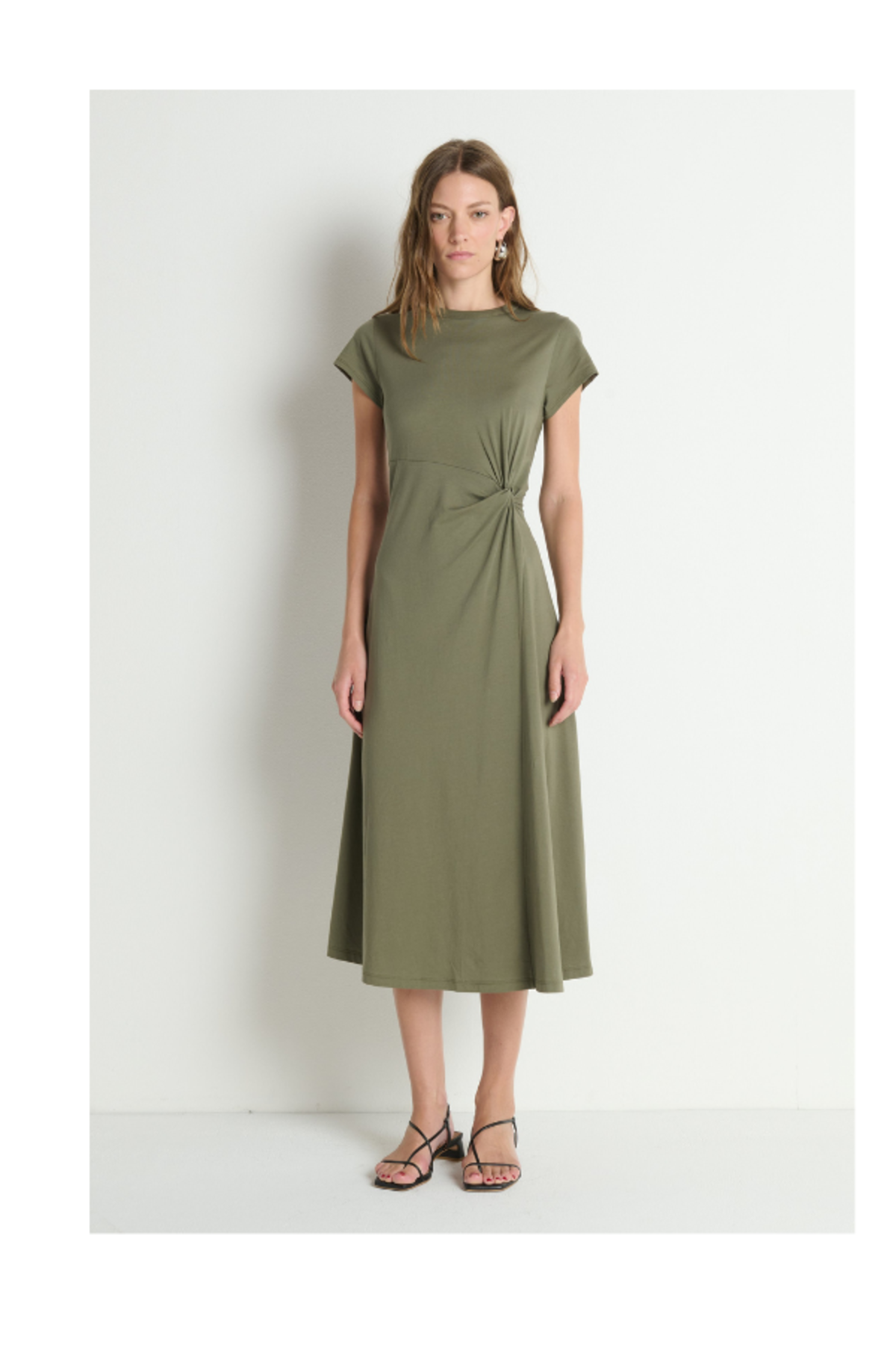 Frida Twist Midi Dress in Olive - Image 2 of 4