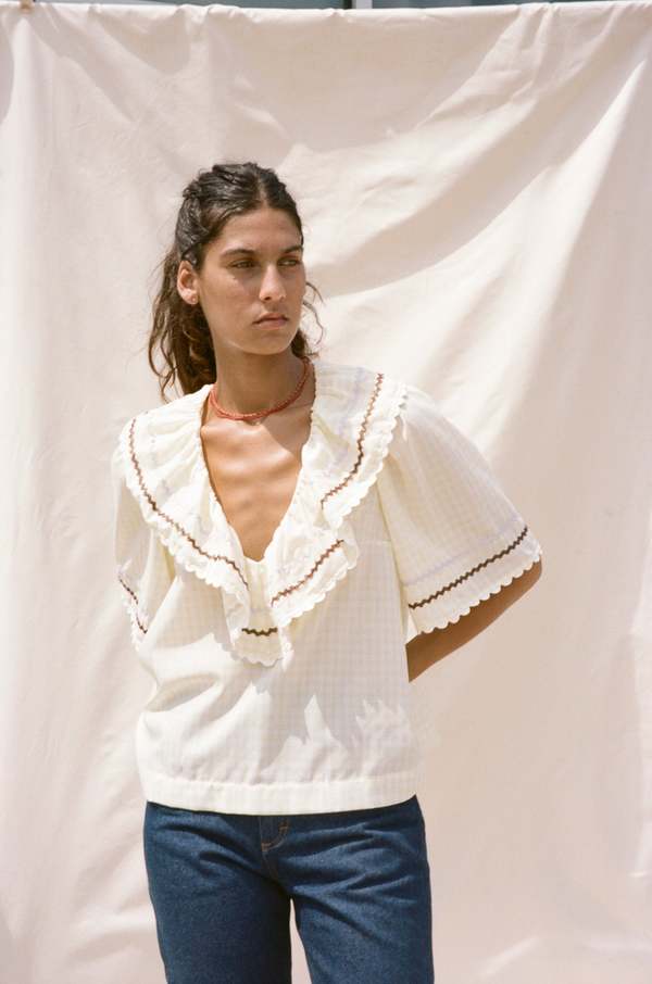 Carleen Ruffle Blouse - Butter Gingham
