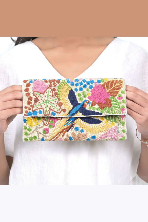 Vismaya Amazon Forest Embroidered Clutch - Cream