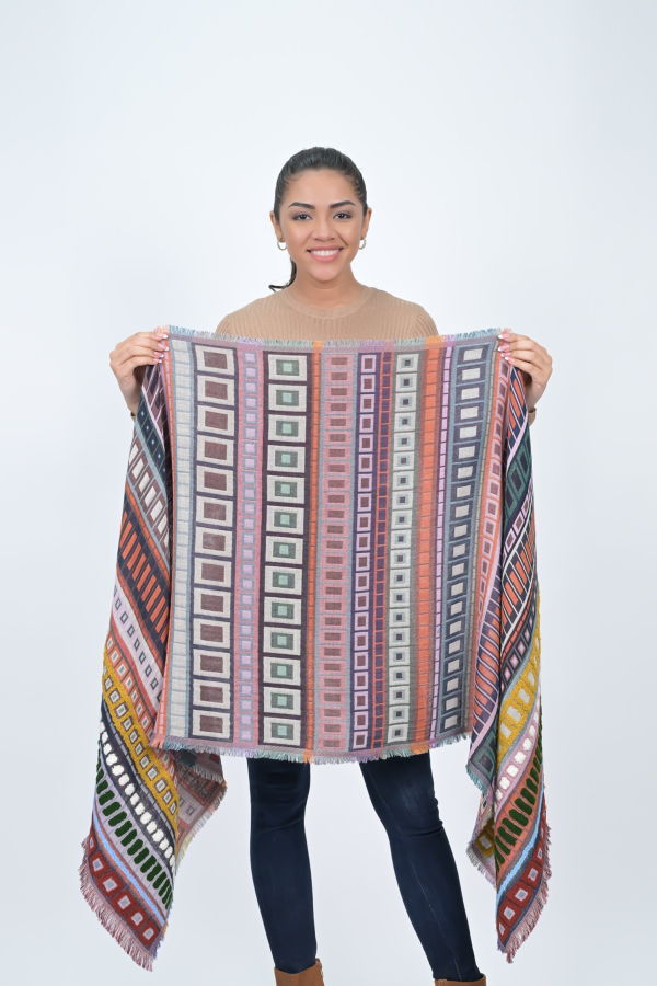 Vismaya City Lines Stripe Embroidered Scarf - Coral