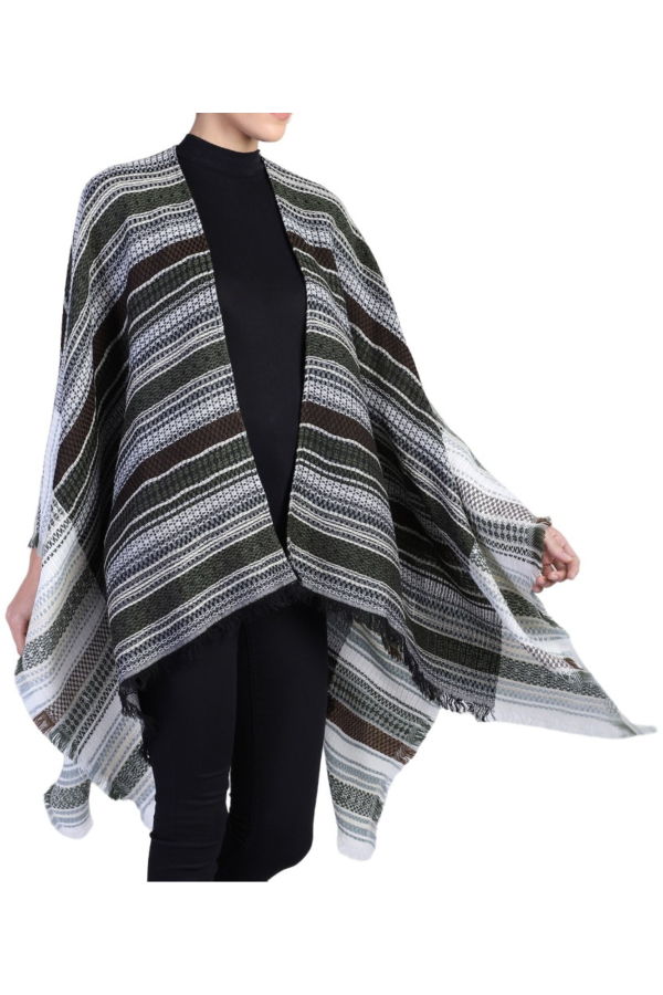 Vismaya Cozy Striped Fringe Poncho