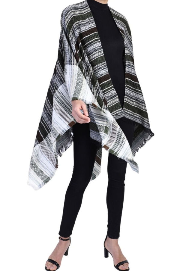 Vismaya Cozy Striped Fringe Poncho