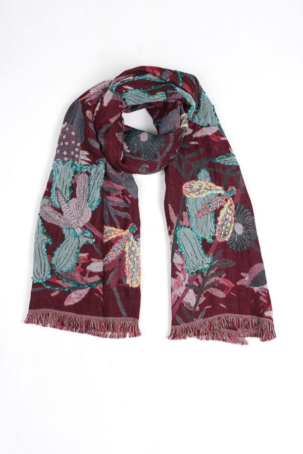 Vismaya Dragonfly Meadow Scarf - Wine