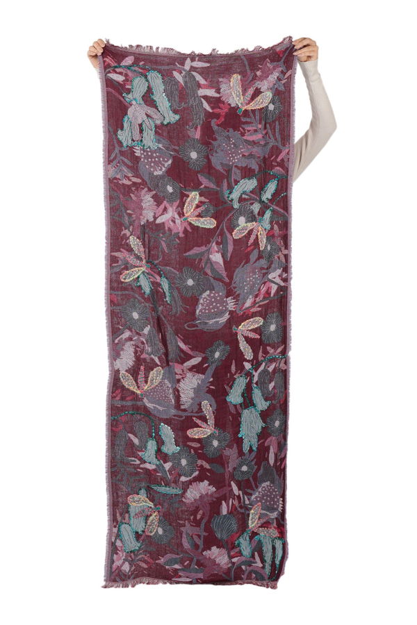 Vismaya Dragonfly Meadow Scarf - Wine