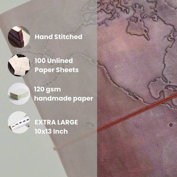 Soothi Extra Large World Map Handmade Leather Journal