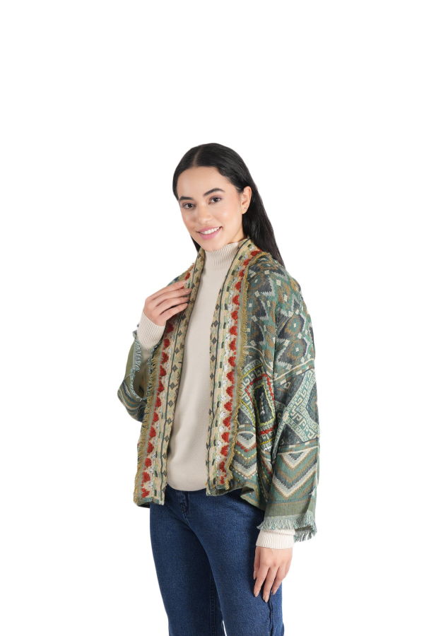 Vismaya Geometric Kimono Jacket - Olive Gold