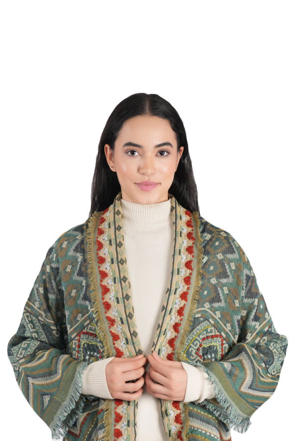 Vismaya Geometric Kimono Jacket - Olive Gold