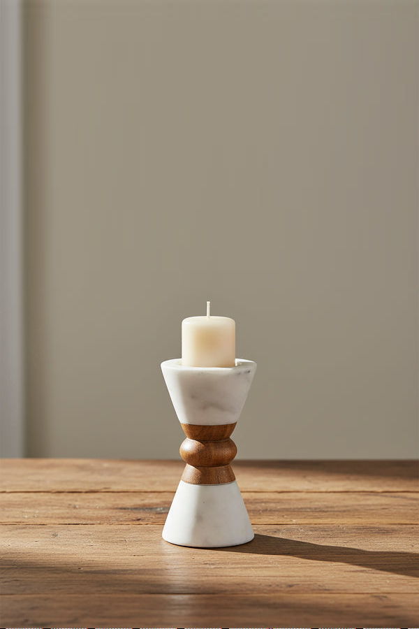 Mela Artisans Heirloom Marble & Acacia Candleholders