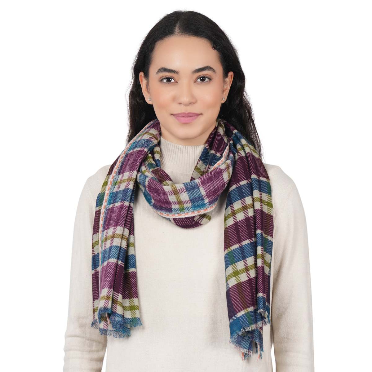 Vismaya Highland Check Scarf - Cream Wine - Image 3 of 5