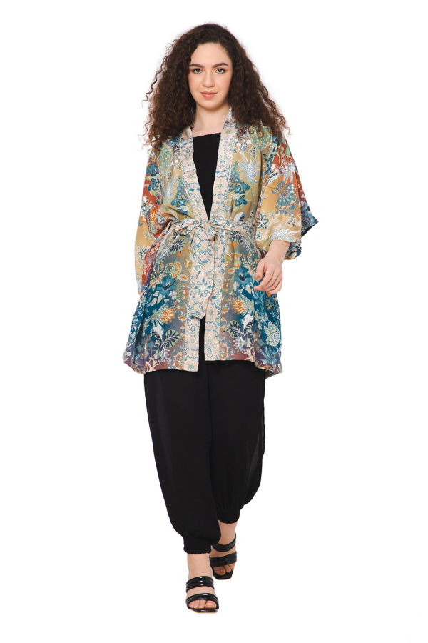 Vismaya Joyful Kimono with Self-Tie Sash - Cider Olive