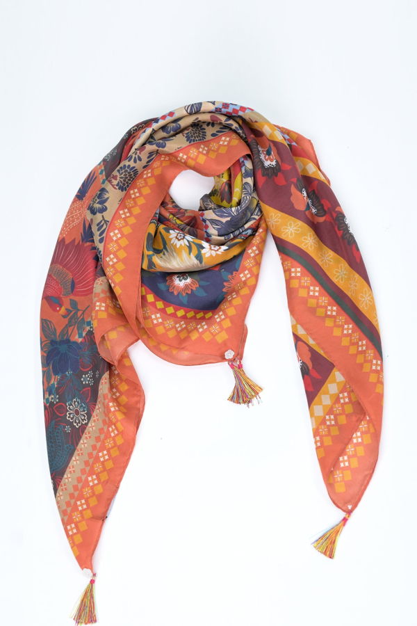 Vismaya Luxe Divine Mosaic Silk Scarf - Orange