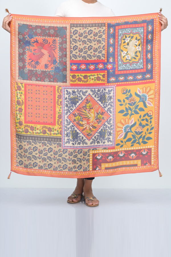 Vismaya Luxe Divine Mosaic Silk Scarf - Orange