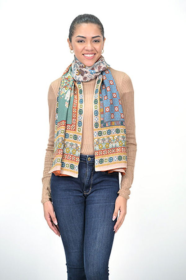 Vismaya Magnolia Flower Silk Wool Scarf - Orange