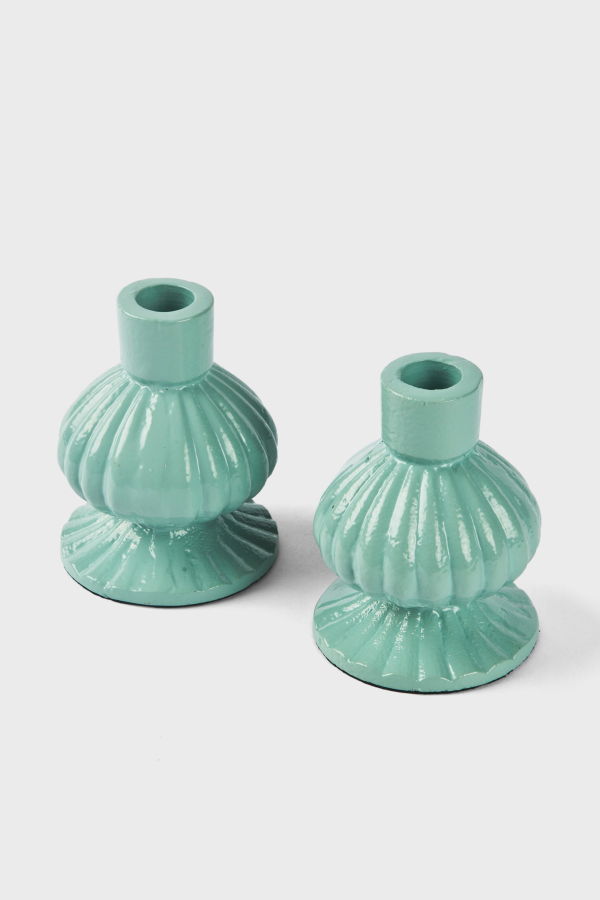 Mela Artisans Sculpted Aluminum Candlesticks - Sage Green