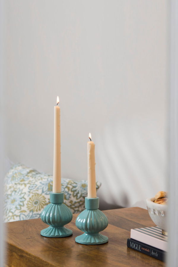 Mela Artisans Sculpted Aluminum Candlesticks - Sage Green