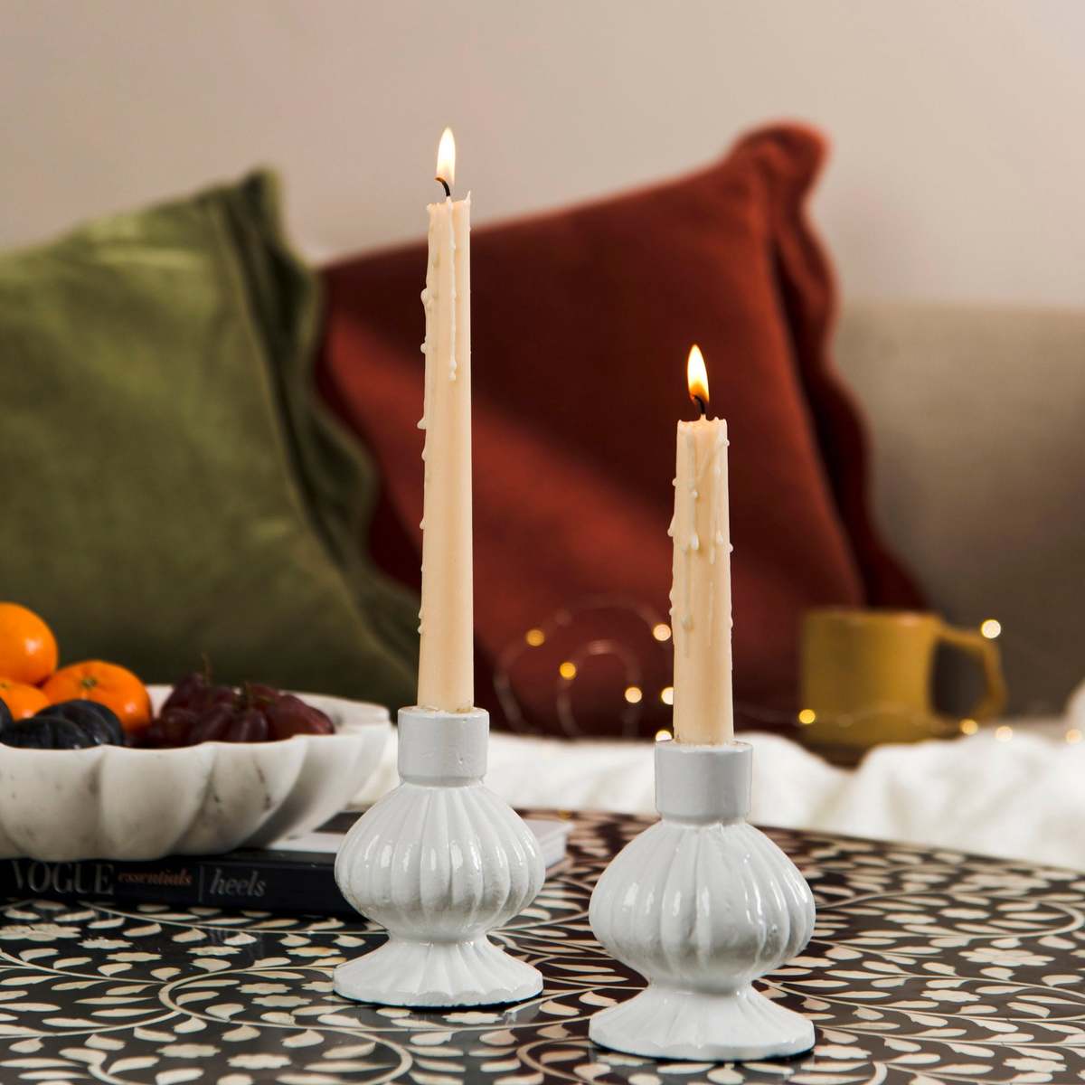 Mela Artisans Sculpted Aluminum White Candlesticks - Image 2 of 5