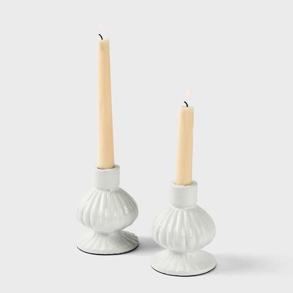 Mela Artisans Sculpted Aluminum White Candlesticks