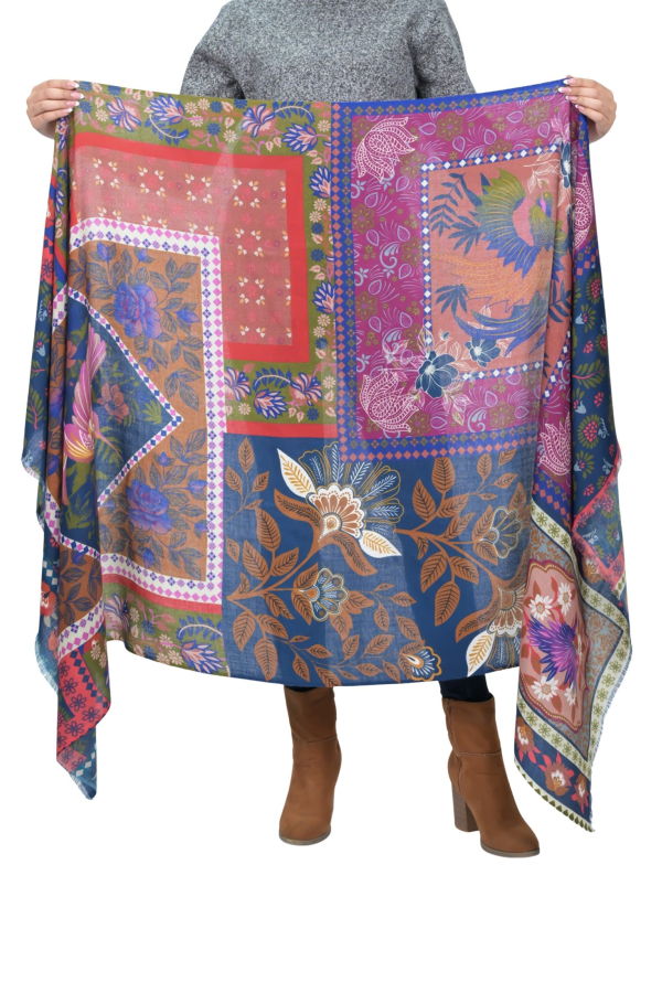 Vismaya Songbird Rectangle Wool Scarf - Blue Red