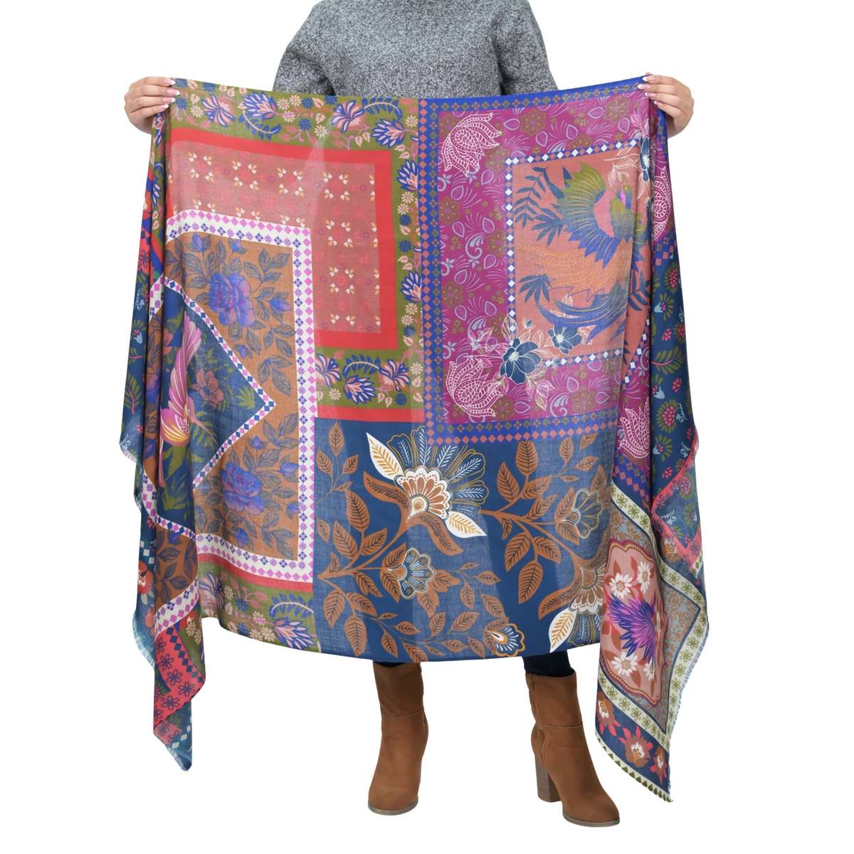 Vismaya Songbird Rectangle Wool Scarf - Blue Red - Image 1 of 5