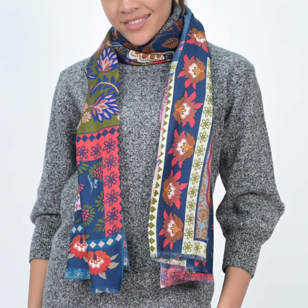 Vismaya Songbird Rectangle Wool Scarf - Blue Red - Image 2 of 5