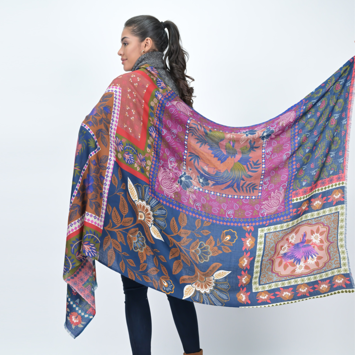 Vismaya Songbird Rectangle Wool Scarf - Blue Red - Image 4 of 5