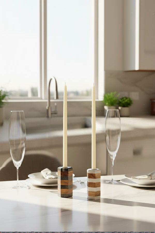Mela Artisans Striped Marble & Acacia Candleholder