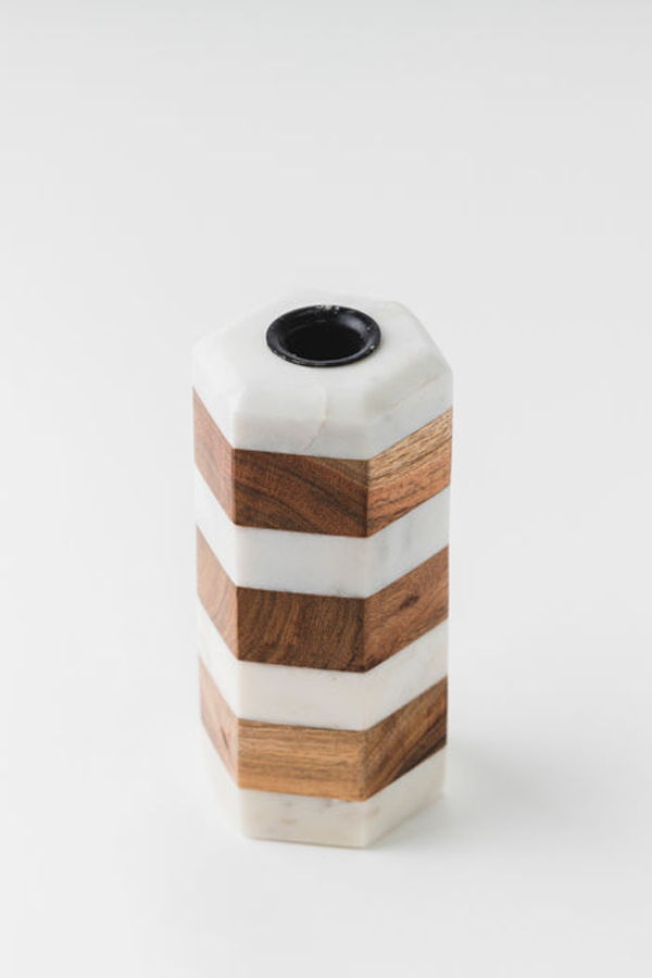 Mela Artisans Striped Marble & Acacia Candleholder