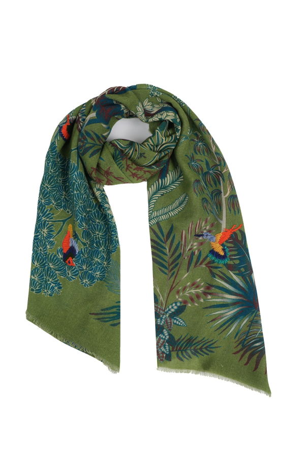 Vismaya Woodland Embroidered Wool Scarf - Green