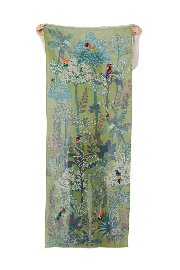 Vismaya Woodland Embroidered Wool Scarf - Green